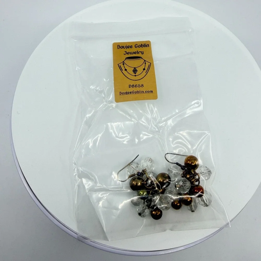 VTG Y2K Chunky Cluster Dangle Earrings Gold Tone Clear Faceted Bead Grape Charm